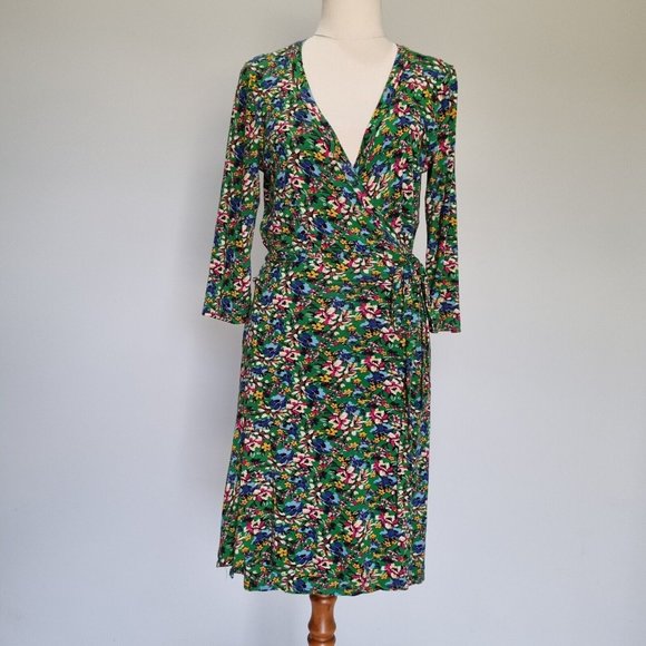Review Multicolour Floral Jersey 3/4 Sleeve Wrap Dress Size 12 - Picture 2 of 7